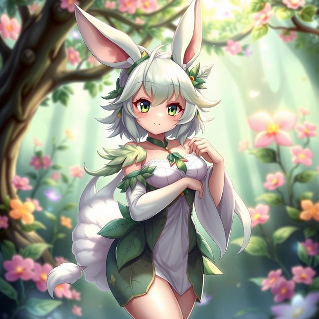 A beautiful female haregon character, showcasing her unique features such as fluffy rabbit ears and a fluffy tail, sporting an elegant outfit inspired by nature, including leafy patterns and soft colors