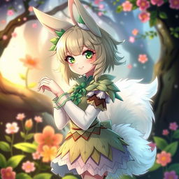 A beautiful female haregon character, showcasing her unique features such as fluffy rabbit ears and a fluffy tail, sporting an elegant outfit inspired by nature, including leafy patterns and soft colors