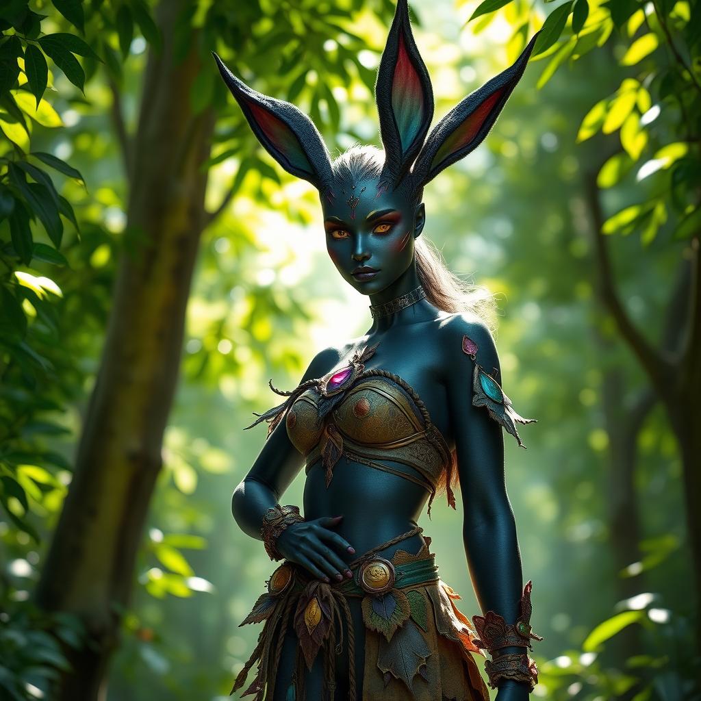 A powerful and enchanting female haregon, with black fur and vibrant, mystical markings