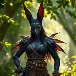 A powerful and enchanting female haregon, with black fur and vibrant, mystical markings