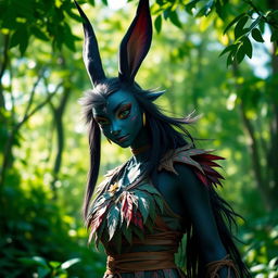 A powerful and enchanting female haregon, with black fur and vibrant, mystical markings