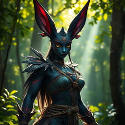 A powerful and enchanting female haregon, with black fur and vibrant, mystical markings
