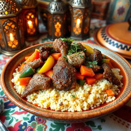 A luxurious traditional Moroccan couscous dish, featuring a generous serving of fluffy couscous topped with tender, succulent pieces of meat, such as lamb or chicken, accompanied by an array of colorful vegetables like carrots, zucchini, and bell peppers