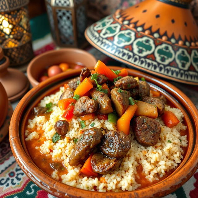 A luxurious traditional Moroccan couscous dish, featuring a generous serving of fluffy couscous topped with tender, succulent pieces of meat, such as lamb or chicken, accompanied by an array of colorful vegetables like carrots, zucchini, and bell peppers