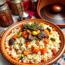 A luxurious traditional Moroccan couscous dish, featuring a generous serving of fluffy couscous topped with tender, succulent pieces of meat, such as lamb or chicken, accompanied by an array of colorful vegetables like carrots, zucchini, and bell peppers
