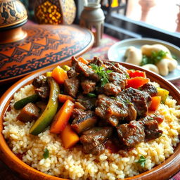 A luxurious traditional Moroccan couscous dish, featuring a generous serving of fluffy couscous topped with tender, succulent pieces of meat, such as lamb or chicken, accompanied by an array of colorful vegetables like carrots, zucchini, and bell peppers