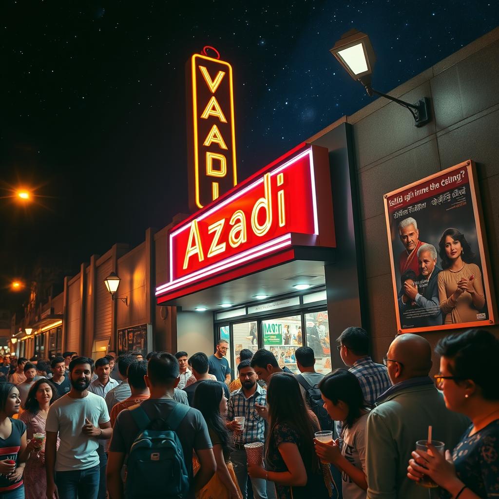 A vibrant and lively atmosphere of a cinema named 'Azadi', bustling with excited moviegoers