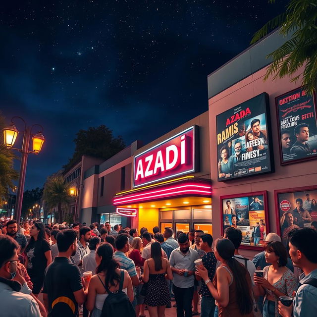 A vibrant and lively atmosphere of a cinema named 'Azadi', bustling with excited moviegoers