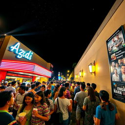 A vibrant and lively atmosphere of a cinema named 'Azadi', bustling with excited moviegoers