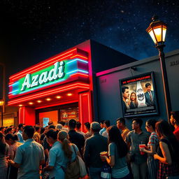 A vibrant and lively atmosphere of a cinema named 'Azadi', bustling with excited moviegoers