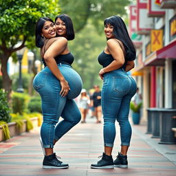 Two beautiful black-haired women with dazzling white skin, smiling and posing sideways on a vibrant sidewalk