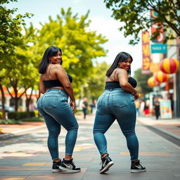 Two beautiful black-haired women with dazzling white skin, smiling and posing sideways on a vibrant sidewalk