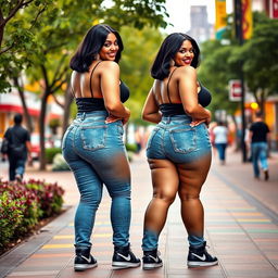Two beautiful black-haired women with dazzling white skin, smiling and posing sideways on a vibrant sidewalk