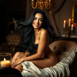 A stunning portrait of a confident woman exuding natural beauty, with flowing long black hair and a radiant smile