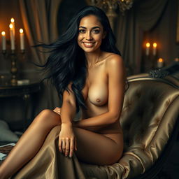 A stunning portrait of a confident woman exuding natural beauty, with flowing long black hair and a radiant smile