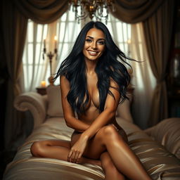 A stunning portrait of a confident woman exuding natural beauty, with flowing long black hair and a radiant smile