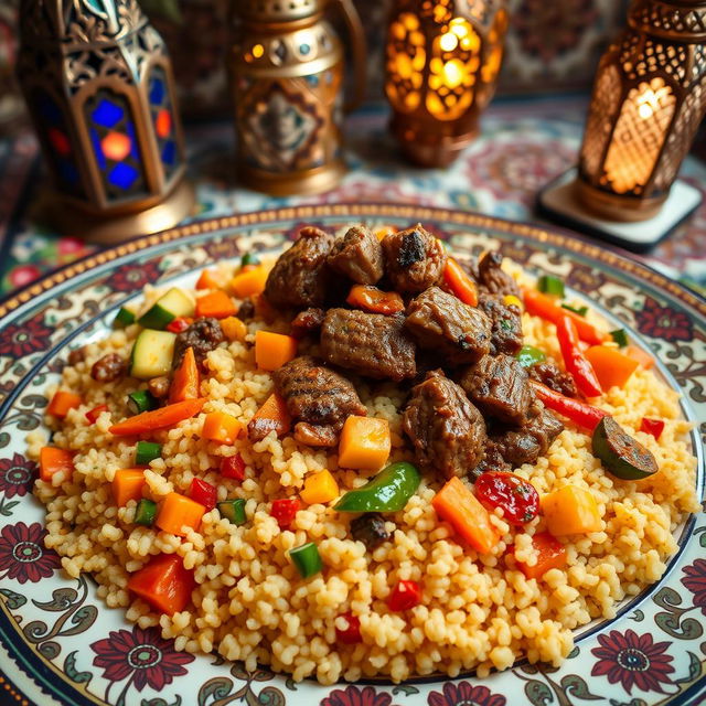 A luxurious traditional Moroccan couscous dish, beautifully presented, featuring an array of vegetables like carrots, zucchini, and bell peppers, topped with tender, flavorful pieces of spiced meat