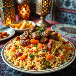 A luxurious traditional Moroccan couscous dish, beautifully presented, featuring an array of vegetables like carrots, zucchini, and bell peppers, topped with tender, flavorful pieces of spiced meat