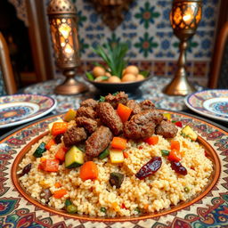 A luxurious traditional Moroccan couscous dish, beautifully presented, featuring an array of vegetables like carrots, zucchini, and bell peppers, topped with tender, flavorful pieces of spiced meat