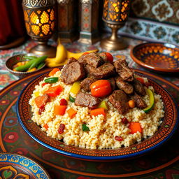 A luxurious traditional Moroccan couscous dish, beautifully presented, featuring an array of vegetables like carrots, zucchini, and bell peppers, topped with tender, flavorful pieces of spiced meat