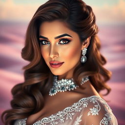 Aishwarya Rai adorned in a glamorous, artistic manner, capturing her beauty and elegance with a stylish pose