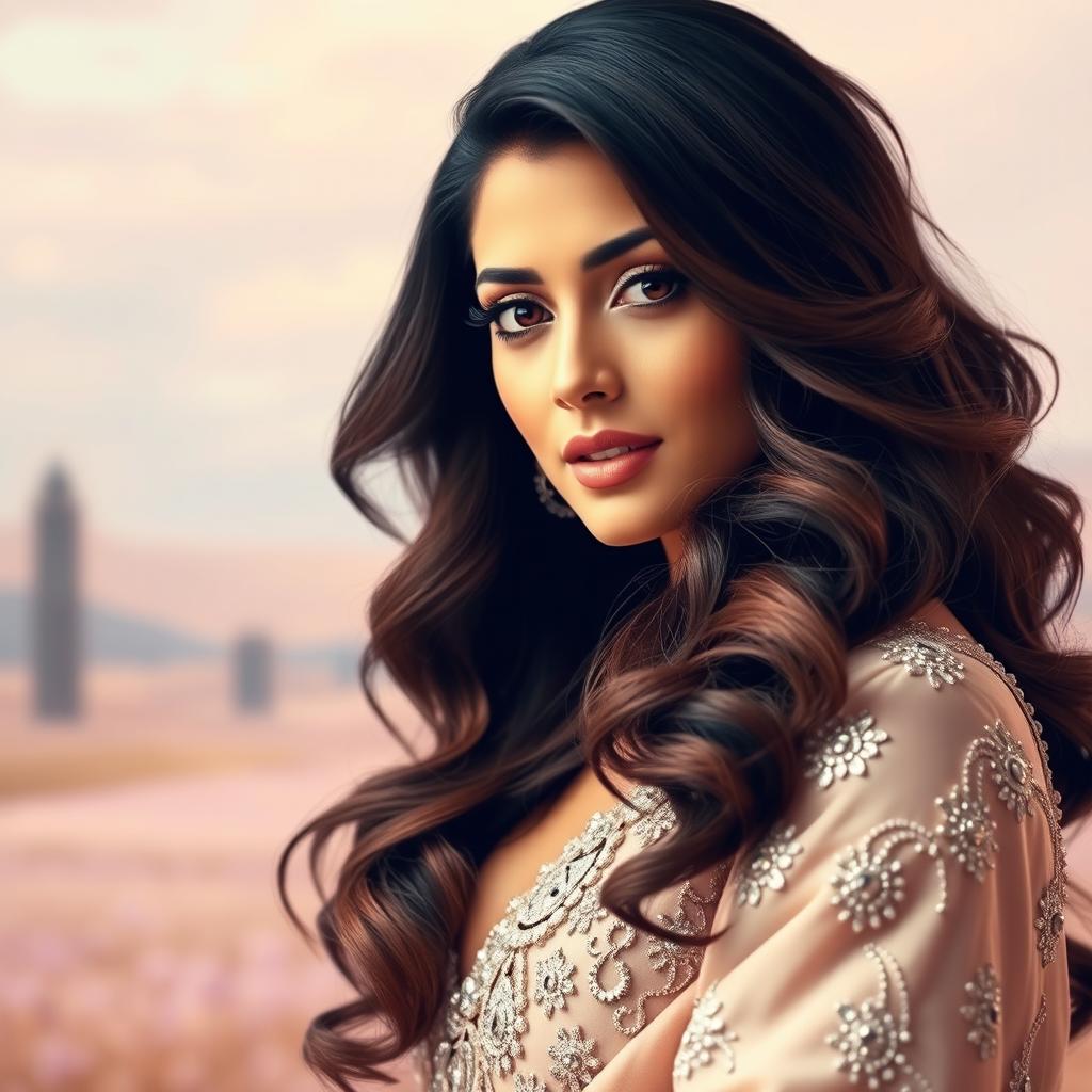 Aishwarya Rai adorned in a glamorous, artistic manner, capturing her beauty and elegance with a stylish pose