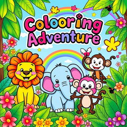 A delightful and whimsical coloring book cover designed for children, featuring a colorful and playful scene with friendly cartoon animals such as a cheerful lion, a playful elephant, and a silly monkey
