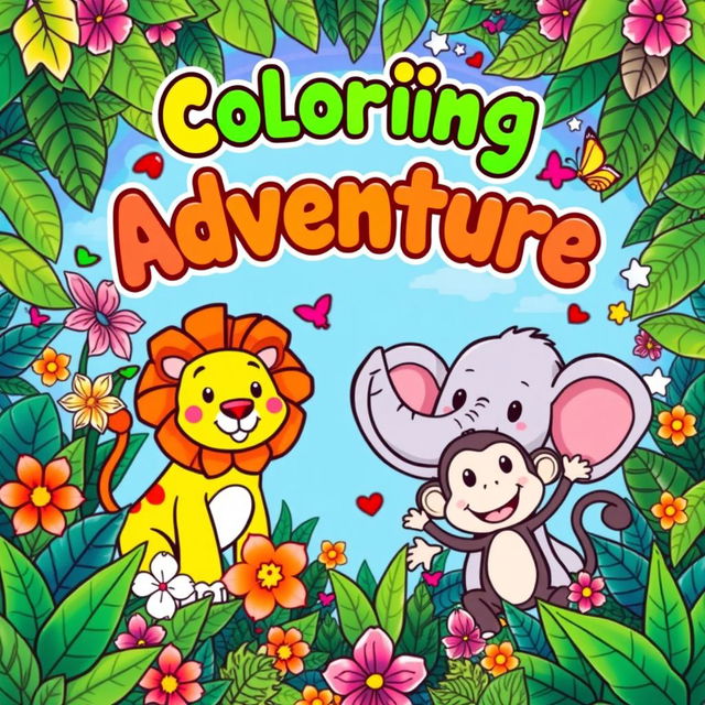 A delightful and whimsical coloring book cover designed for children, featuring a colorful and playful scene with friendly cartoon animals such as a cheerful lion, a playful elephant, and a silly monkey