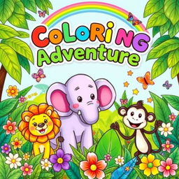 A delightful and whimsical coloring book cover designed for children, featuring a colorful and playful scene with friendly cartoon animals such as a cheerful lion, a playful elephant, and a silly monkey