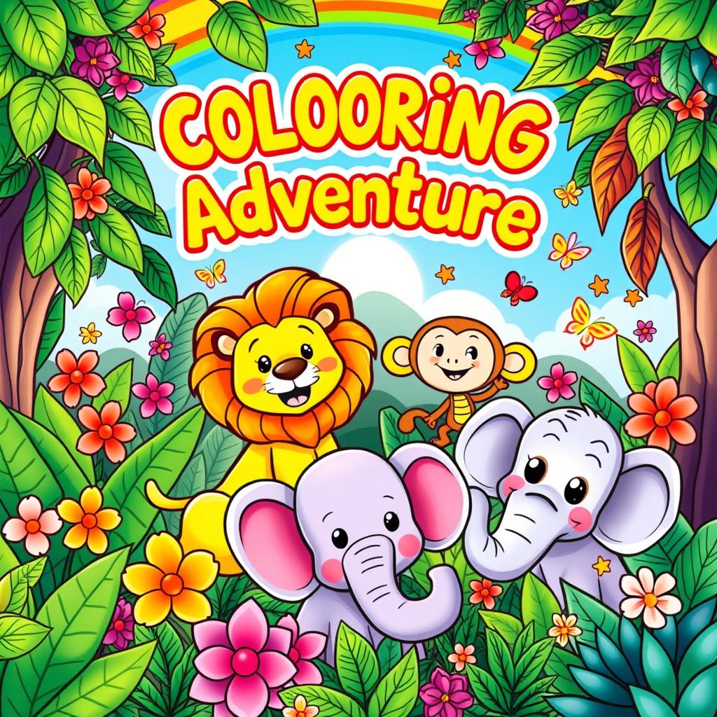 A delightful and whimsical coloring book cover designed for children, featuring a colorful and playful scene with friendly cartoon animals such as a cheerful lion, a playful elephant, and a silly monkey