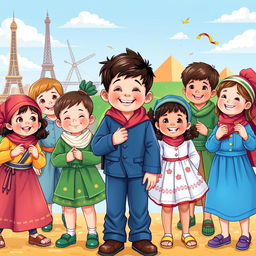 A vibrant scene depicting children from different cultures around the world, joyfully engaging in various activities