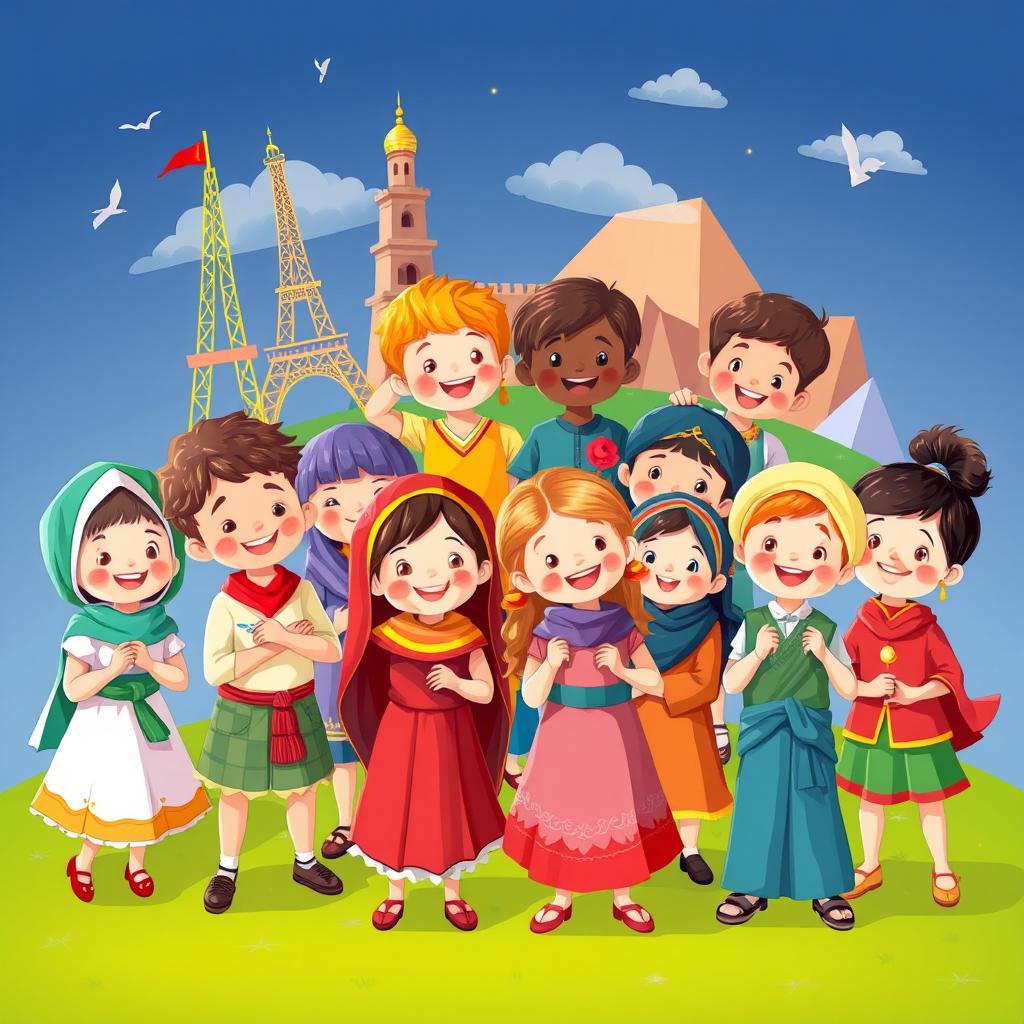 A vibrant scene depicting children from different cultures around the world, joyfully engaging in various activities