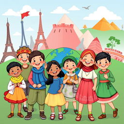 A vibrant scene depicting children from different cultures around the world, joyfully engaging in various activities