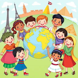 A vibrant scene depicting children from different cultures around the world, joyfully engaging in various activities