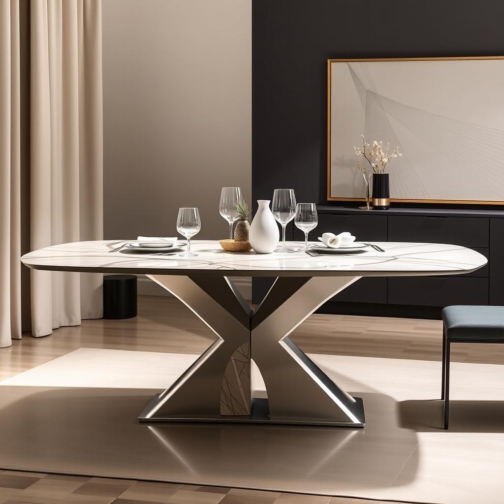 A modern dining table created by combining the elegant stand from the first picture with the stylish top from the second picture