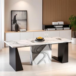 A modern dining table created by combining the elegant stand from the first picture with the stylish top from the second picture