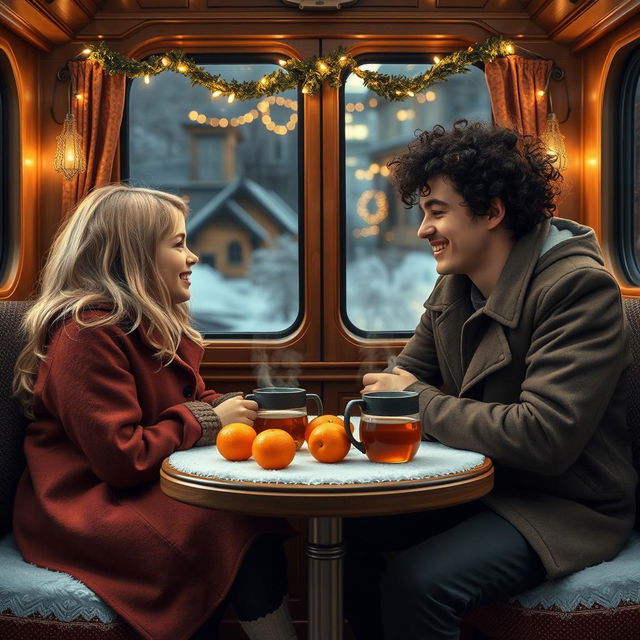 A blonde girl and a curly-haired dark-haired guy are sitting in a Russian train carriage, facing each other