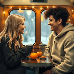 A blonde girl and a curly-haired dark-haired guy are sitting in a Russian train carriage, facing each other