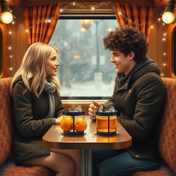 A blonde girl and a curly-haired dark-haired guy are sitting in a Russian train carriage, facing each other