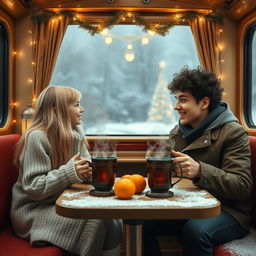 A blonde girl and a curly-haired dark-haired guy are sitting in a Russian train carriage, facing each other