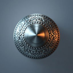A detailed, front-facing view of a metallic rotary knob with intricate designs and a polished finish