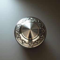 A detailed, front-facing view of a metallic rotary knob with intricate designs and a polished finish