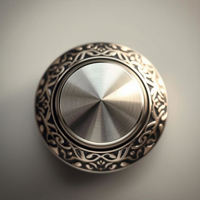 A detailed, front-facing view of a metallic rotary knob with intricate designs and a polished finish