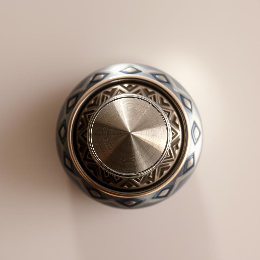 A detailed, front-facing view of a metallic rotary knob with intricate designs and a polished finish