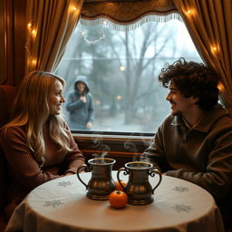 A blonde girl and a curly-haired dark-haired guy are sitting in a Russian train carriage, facing each other