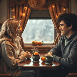 A blonde girl and a curly-haired dark-haired guy are sitting in a Russian train carriage, facing each other