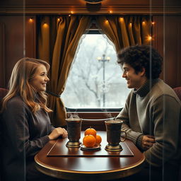 A blonde girl and a curly-haired dark-haired guy are sitting in a Russian train carriage, facing each other