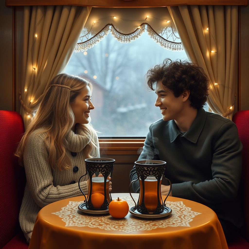 A blonde girl and a curly-haired dark-haired guy are sitting in a Russian train carriage, facing each other