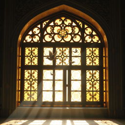 A beautiful, tranquil scene of a medium-sized traditional Iranian mosque window, showcasing intricate Islamic architecture and colorful stained glass