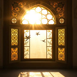 A beautiful, tranquil scene of a medium-sized traditional Iranian mosque window, showcasing intricate Islamic architecture and colorful stained glass